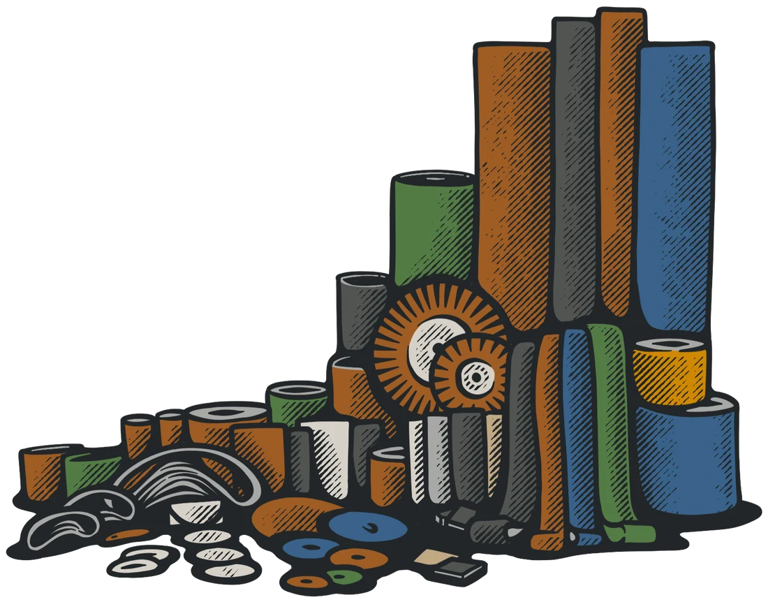 Coated abrasive belts, rolls, discs and flap wheels
